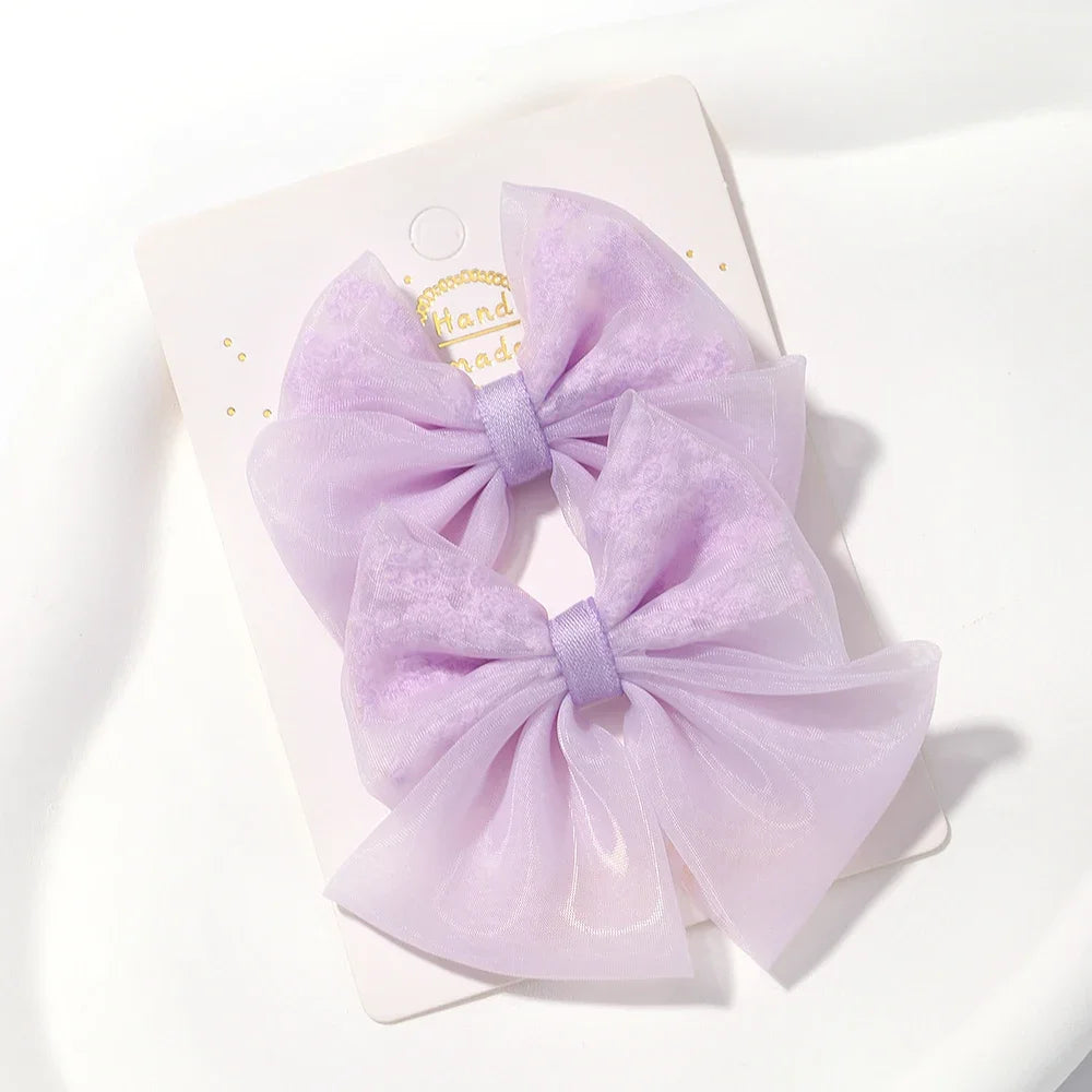2pcs/set Lovely Bow Hairpins Solid Color Gauze Bows Clip for Kids Sweet Soft Hair Clips Pink Princess Girls Hair Accessories