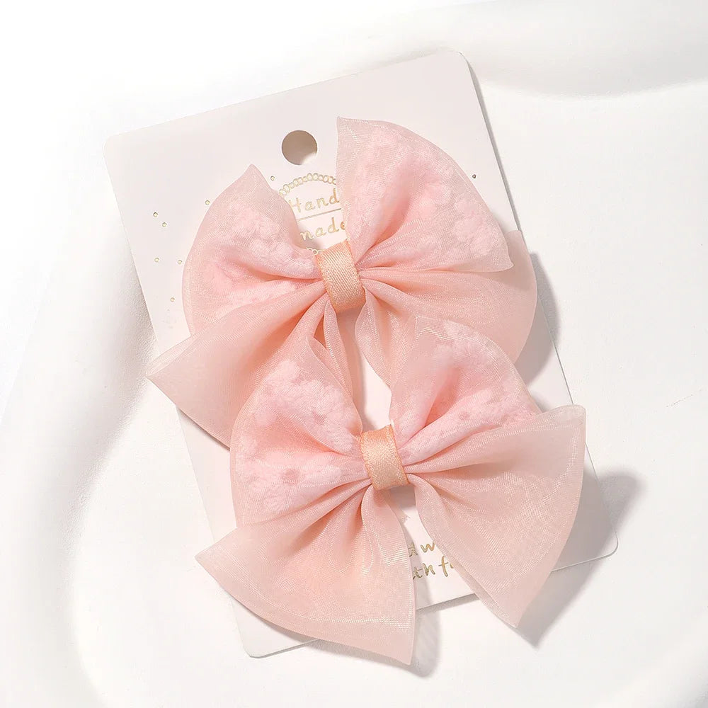 2pcs/set Lovely Bow Hairpins Solid Color Gauze Bows Clip for Kids Sweet Soft Hair Clips Pink Princess Girls Hair Accessories