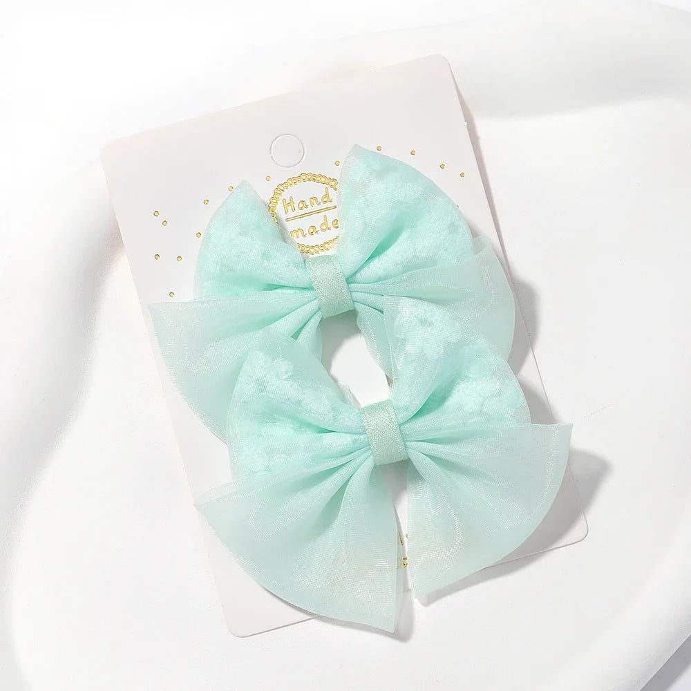 2pcs/set Lovely Bow Hairpins Solid Color Gauze Bows Clip for Kids Sweet Soft Hair Clips Pink Princess Girls Hair Accessories
