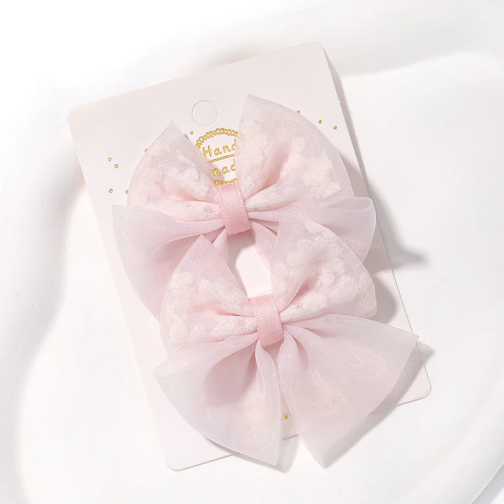 2pcs/set Lovely Bow Hairpins Solid Color Gauze Bows Clip for Kids Sweet Soft Hair Clips Pink Princess Girls Hair Accessories