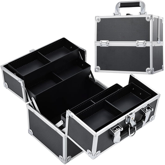 Makeup Train Case Cosmetic Organizer Case Professional Makeup Storage Box 4 Trays with Divider Lockable Travel Case Portable Travel Makeup Box for Makeup Artist, Carfter, Cosmetics Black